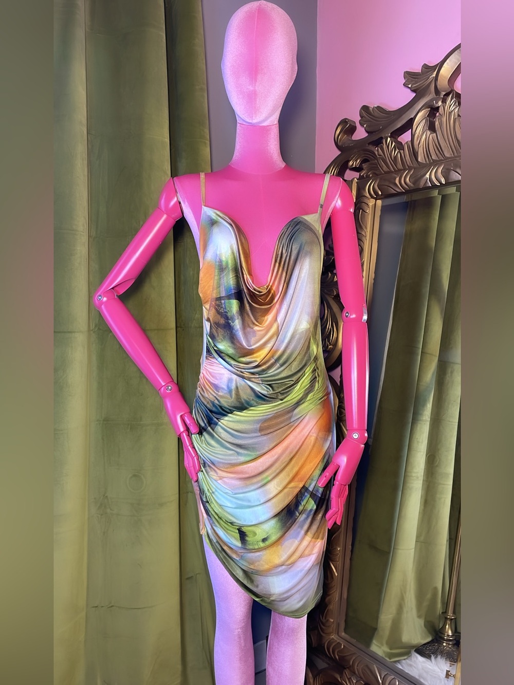 PrettyLittleThing Multicolor Satin Cowl Neck Mini Dress